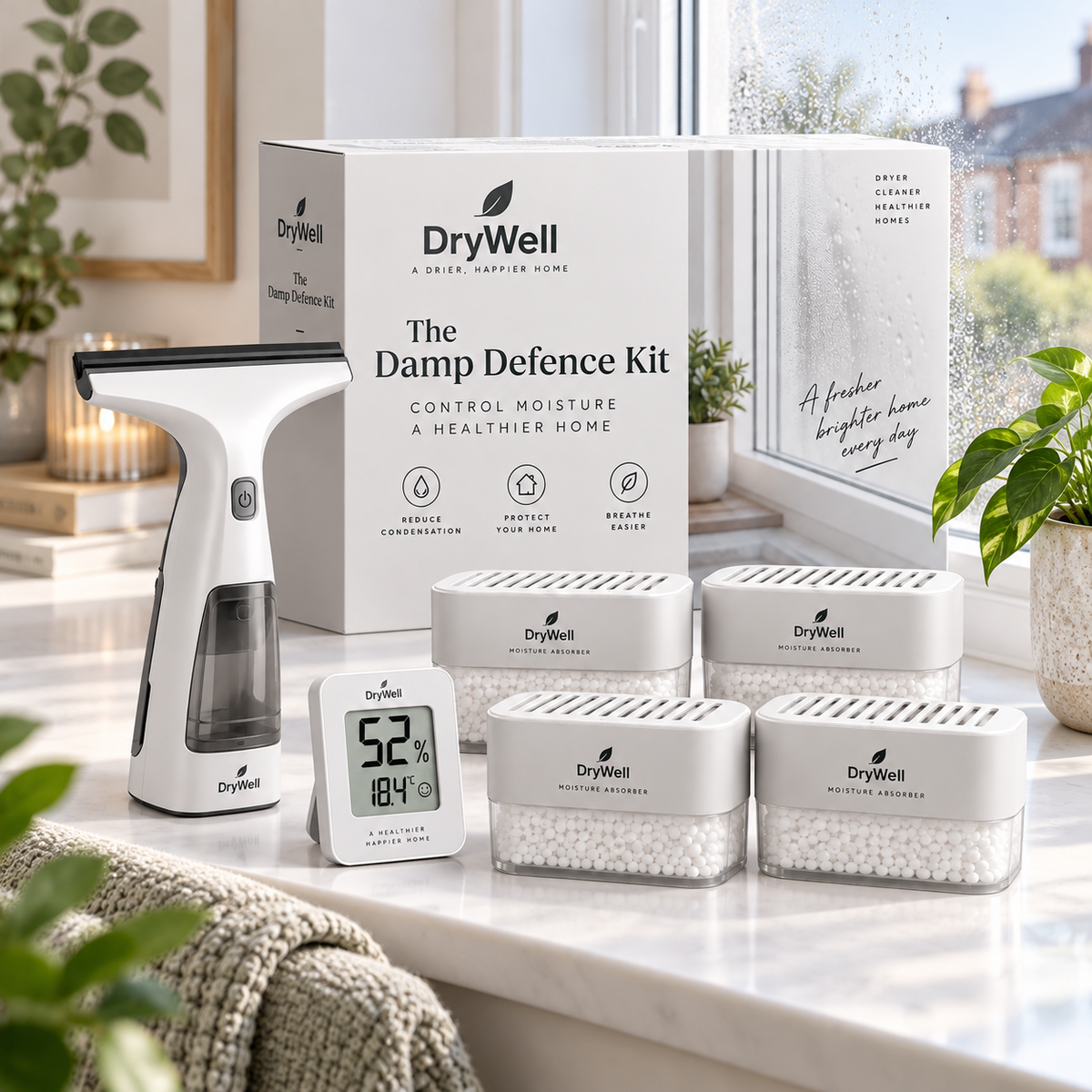 Damp Defence Kit contents: humidity monitor, moisture absorbers and window vac