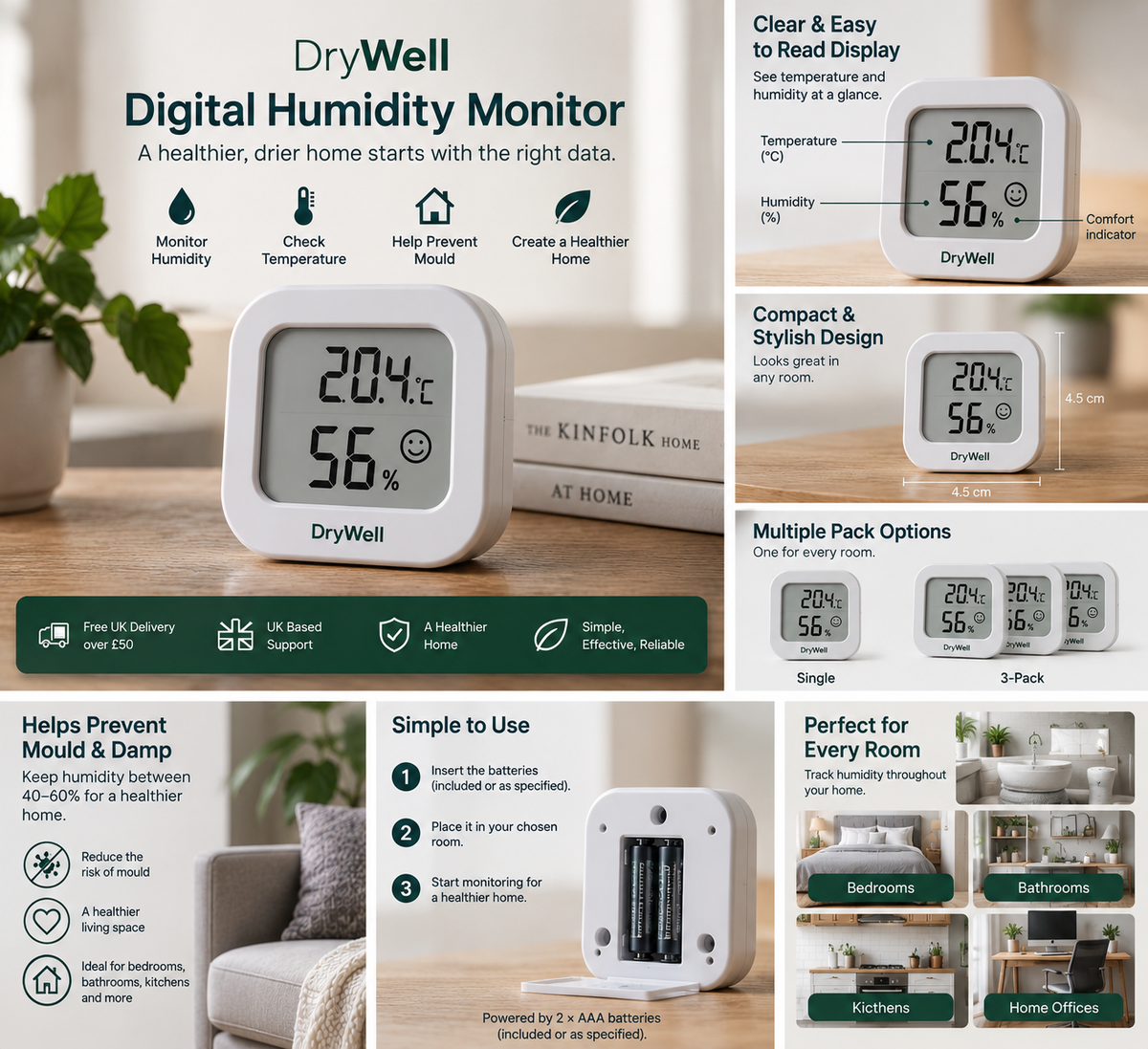 Humidity monitor showing room humidity to prevent damp and mould
