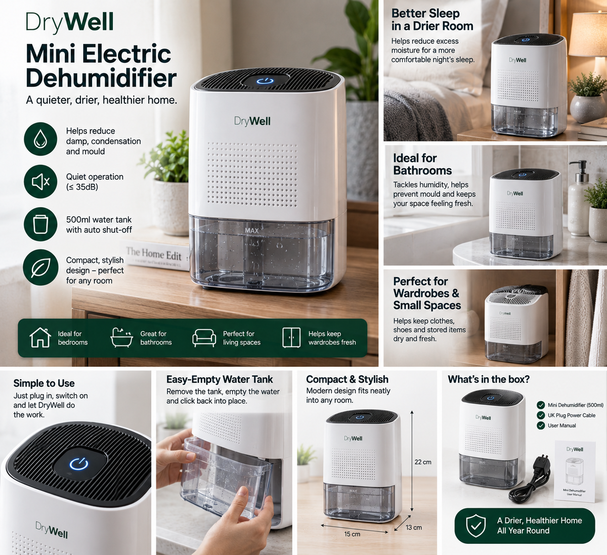 Mini Electric Dehumidifier – 500ml Water Tank