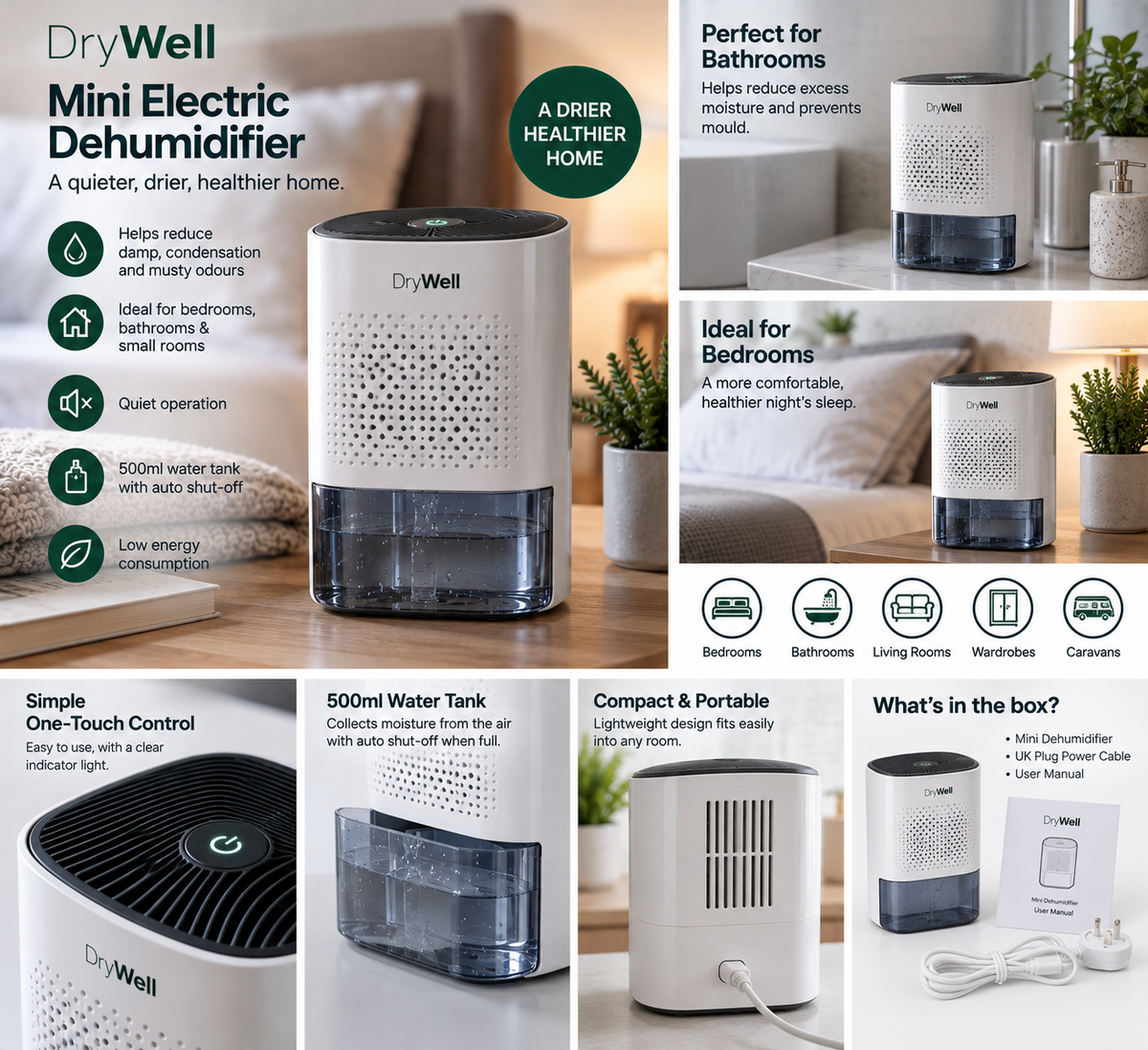 Mini Electric Dehumidifier – 500ml Water Tank
