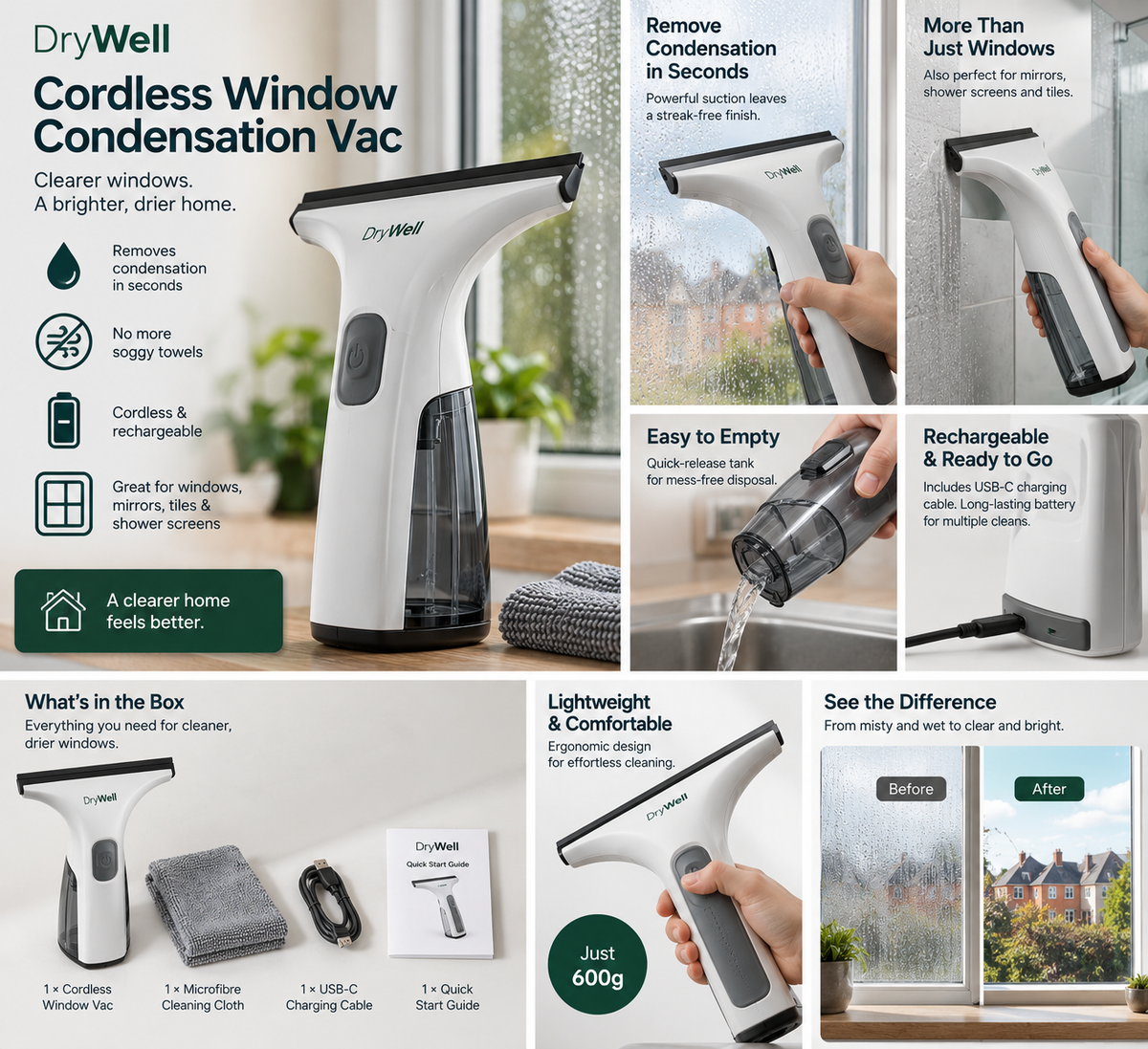 Cordless window vacuum features for condensation, mirrors and tiles