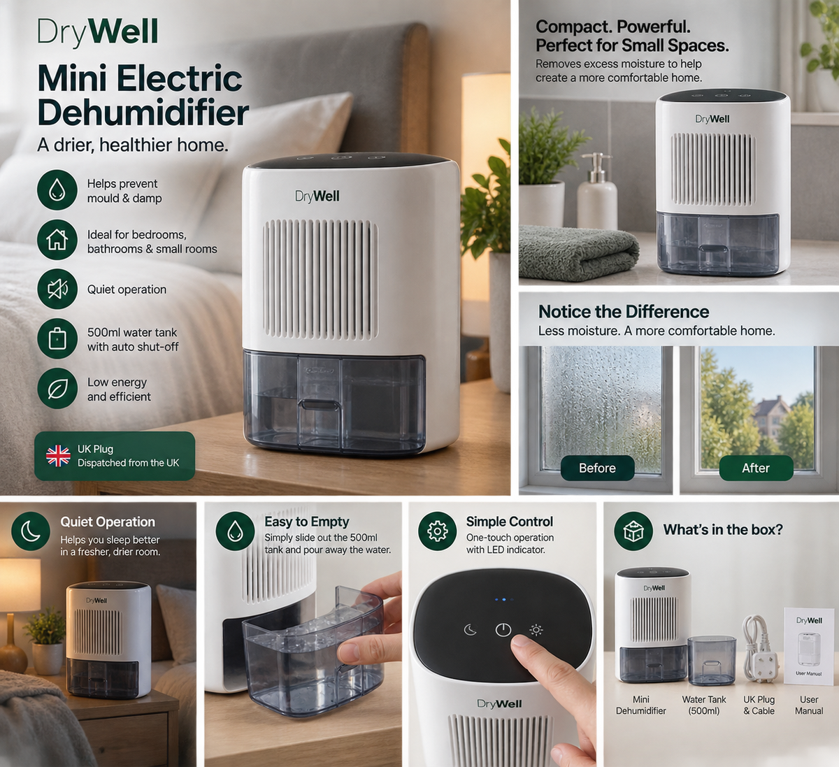 Mini Electric Dehumidifier – 500ml Water Tank